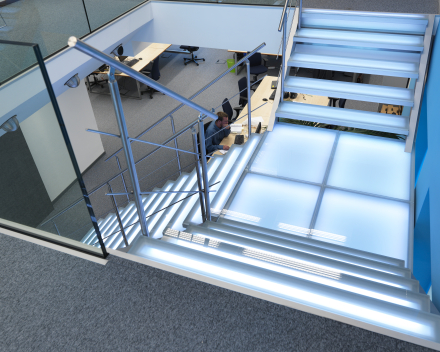 Illuminated stairs with glass treads in the offices of Mainsys